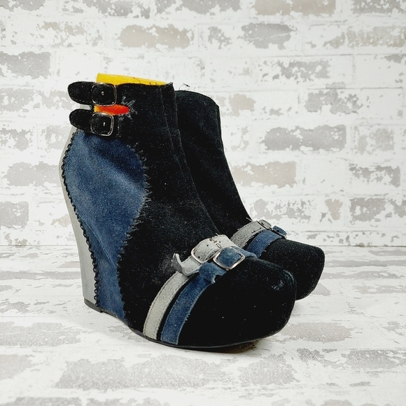 Restricted Blue & Black High Heel Patchwork Wedge Buckle Booties C623 - Picture 4 of 14